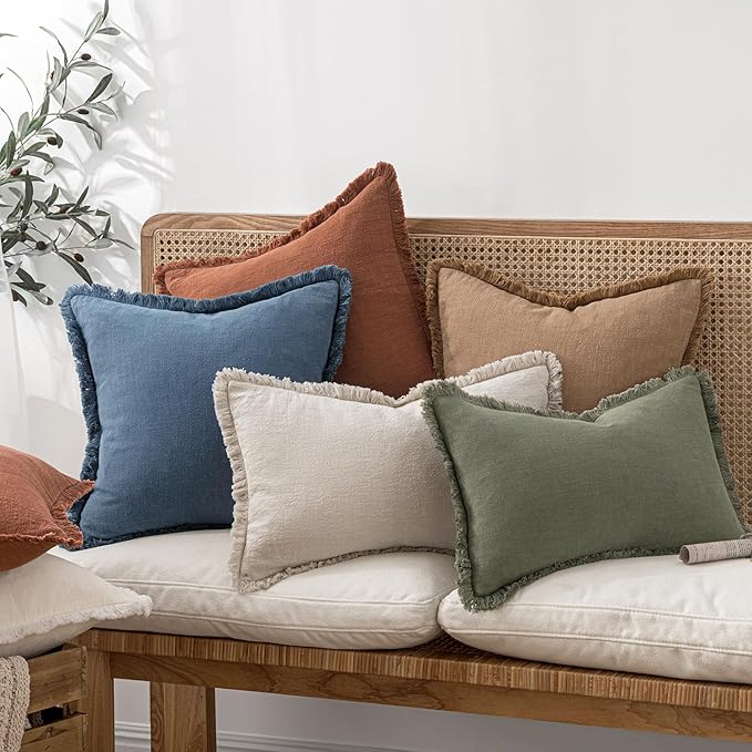 MIULEE Decorative Throw Pillow Covers Neutral Linen Fringe Throw Pillows Set of 2 Blue Ashes Boho Farmhouse Cushion Covers with Tassels for Couch Sofa Bed Home Decor 20x20 Inch