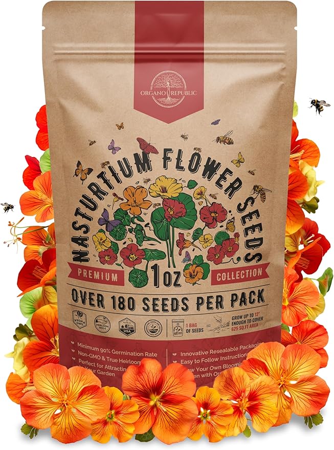 Nasturtium Seeds Pack 1 oz - Non-GMO Heirloom Flower Seeds for Planting, Edible Flowers in Individual Seed Packet, Nasturtium Seed for Planting Home Garden Indoor & Outdoor Gardening