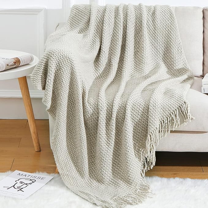 Blagic Grey and White Knit Throw Blanket with Tassel Home Decor Blanket Holiday Throw Wrap Shawl Scarf, Lightweight Soft Cozy Warm Fluffy, Wheat Textured, 60" W x 80" L