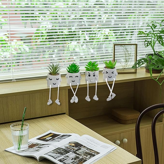 Set of 4 Small Faux Succulents in Cement Pots with Hanging Legs, Potted Mini Fake Plants for Desk, Office Cubicle, Kitchen, Bathroom, Wall Shelf Decor, Room & Bookshelf Ornament