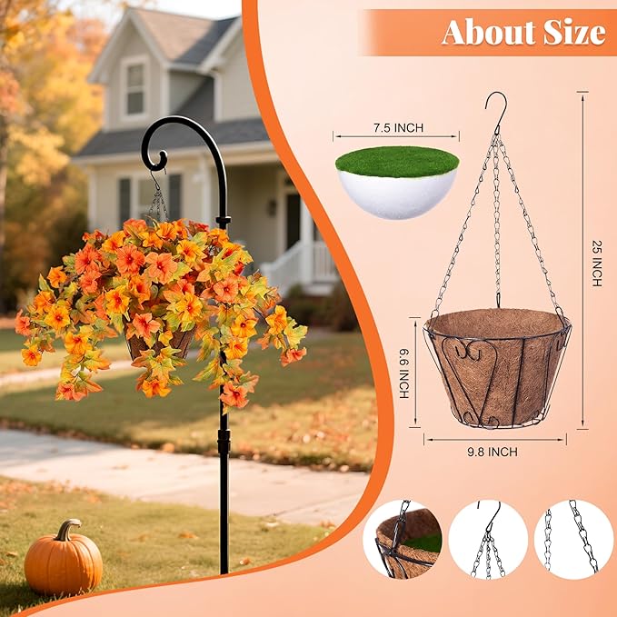 Artificial Fake Fall Flowers with Hanging Basket for Outdoor Fall Decoration, Silk Faux Flowers UV Resistant Fake Plants for Home Porch Patio Garden Window Box Autumn Decor Look Real (Orange)