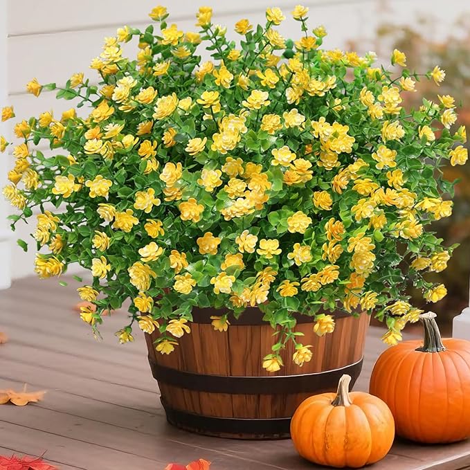 Ivydale Artificial Fall Flowers Plants Fake Mums for Autumn Outdoors Decoration, 12 Bundles Faux Plastic Daisy UV Resistant Greenery Bushes Shrubs for Home Porch Patio Garden (Yellow)