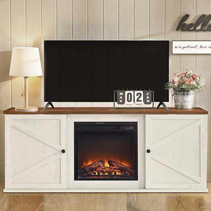 VASAGLE Fireplace TV Stand for TVs up to 80 Inches, 18-Inch ELectric Fireplace with Remote, Farmhouse Entertainment Center, Media Console Table for Living Room, Rustic White and Honey Brown ULTV541W01