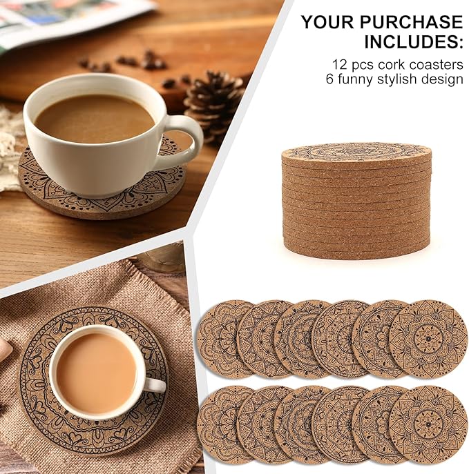 Coasters for Drinks 12 pcs Absorbent Cork Coasters with Flower Pattern Housewarming Gifts for New Home Present for Friends, Living Room Decor, Apartment Decor