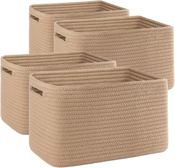 OIAHOMY 4 Pack Storage Baskets for Organizing, Cube Storage Bins for Shelves, Rectangle Storage Baskets With Handles, Woven Baskets for Storage, 12.7''Lx9''Wx7.8''H, Yellow