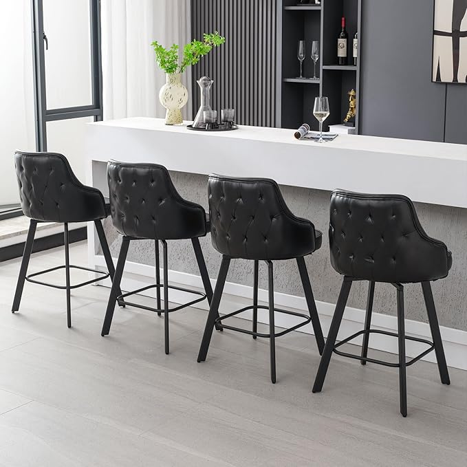 Bar Stools Set of 3, 26" Swivel Counter Height Bar Stools with High Back, Faux Leather Kitchen Barstools Counter Height for Kitchen Island (Black, 3PCS 26" Counter Stools)