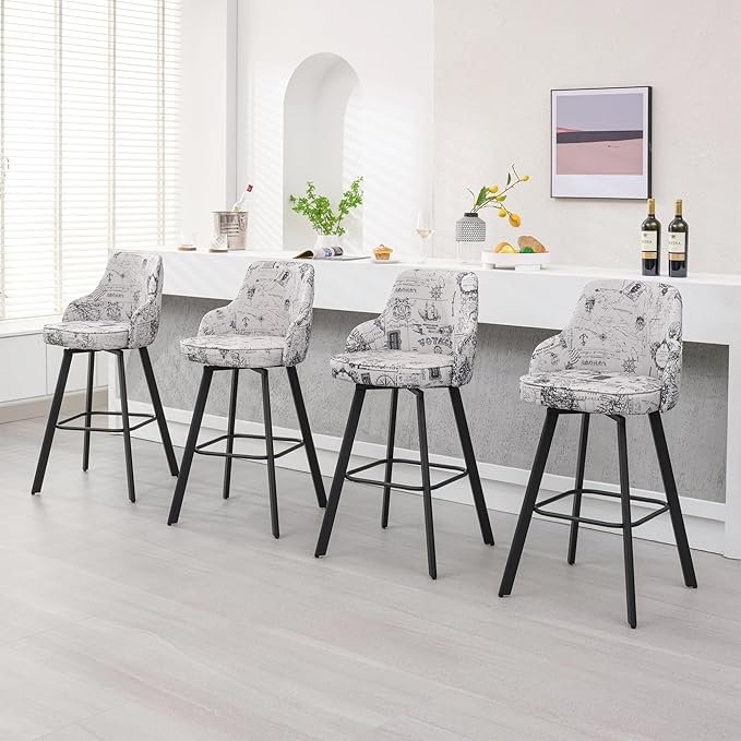 Bar Stools Set of 4, 30" Swivel Bar Height Barstools with High Back, Linen Kitchen Barstool Bar Height for Kitchen Island (Beige (Nautical Print), 4PCS 30" Bar Stools)