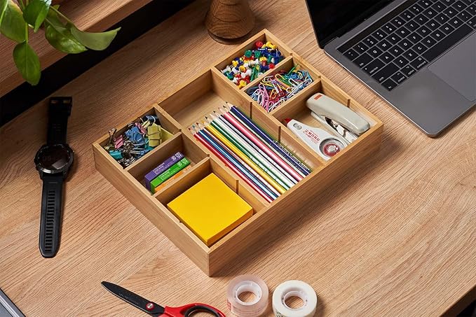 Umilife Desk Drawer Organizer, Bamboo Wood Organizer Tray with Adjustable Compartments, Office Desk Accessories Supplies Organization Storage, 12" x 9"