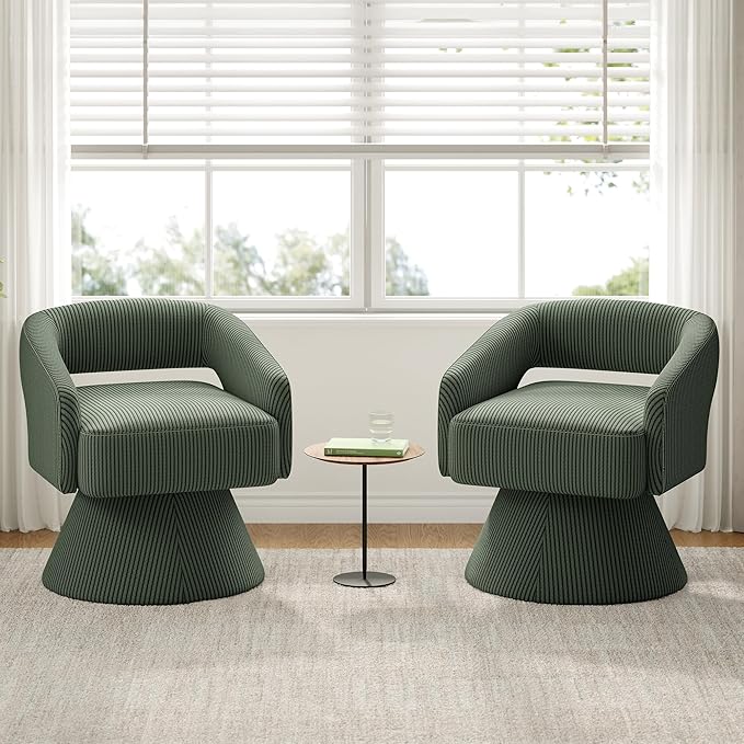 LINSY Swivel Barrel Chair, 360° Modern Swivel Accent Chair with Arms, Boucle Swivel Chair Green Corduroy Chairs for Bedroom Living Room Small Spaces