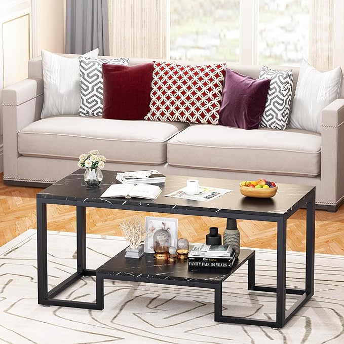 Coffee Table Black Table for Living Room,2 Tiers Rectangle Center Table with Sturdy Metal Frame,Modern Black Faux Marble Coffee Table for Bedroom Home Office