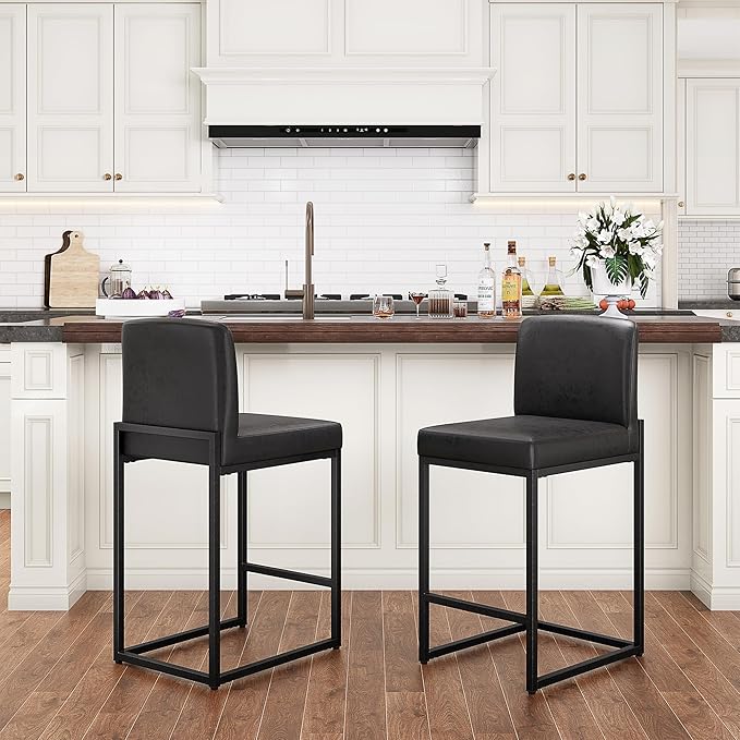PHI VILLA Black Leather Bar Stools Set of 2, Counter Height Bar Chairs, 24 inch Kitchen Modern Bar Stool with Back