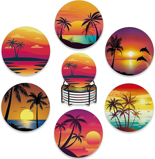 Drink Coasters Set of 6 with Holder,Beach Palm Trees Sunset Landscape Absorbent Ceramic Coasters with Cork Base,Fit All Cups,Tabletop Protection Mat for Mugs and Cups,Office,Kitchen