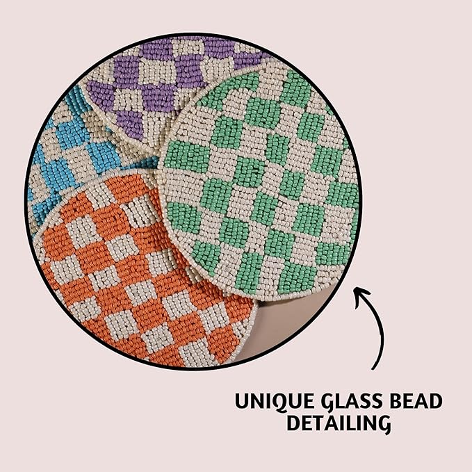 Folkulture Coaster for Drinks | (4") Pack of 4 Multicolor Boho Coasters | Cute Round Boho Coaster | Beaded Drink Coasters for Coffee Table | Round, Beaded, Hand Wash Only