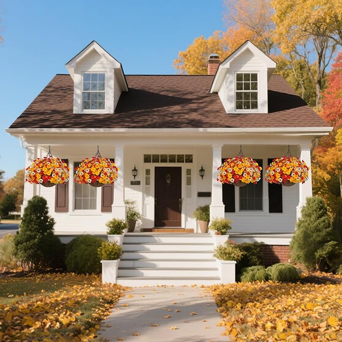 Artificial Fall Flowers with Hanging Baskets Outdoors, Faux mums for outdoor planters, Fake Mums Petunia artificial hanging plants UV Resistant for Autumn Porch Garden Home Yard Decor (Early Harvest)