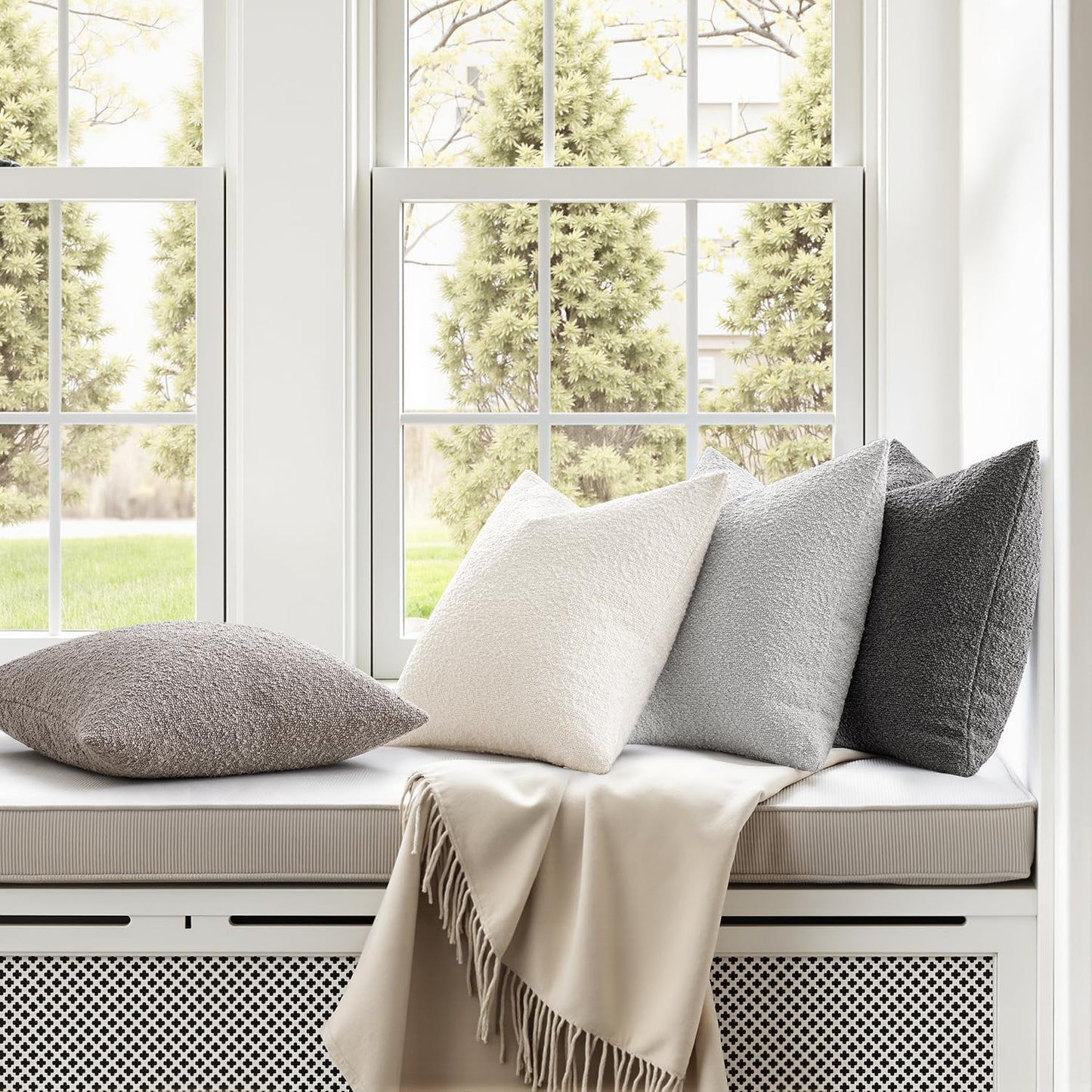 MIULEE Pack of 4 Decorative Textured Boucle Throw Pillow Covers 18x18 Inch Neutral Grey Accent Solid Pillow Cases Couch Cushion Covers for Modern Farmhouse Boho Chair Sofa Bed Livingroom Home Decor