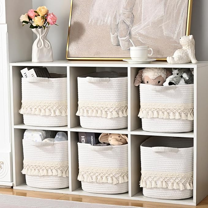 6 Pack Storage Basket for Shelves, Boho Cotton Rope Storage Bins with Heavy Tassel, Shelf Baskets Large Woven Baskets for Organizing, Cube Organizer Bins, Baby Laundry Basket for Clothes, Toys, Pets