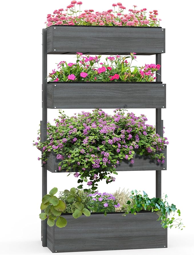 Vertical Garden Planter, Wooden 4 Tier Planter Box, Self-Draining with Non-Woven Fabric for Outdoor Flowers, Vegetables and Herbs, Gray