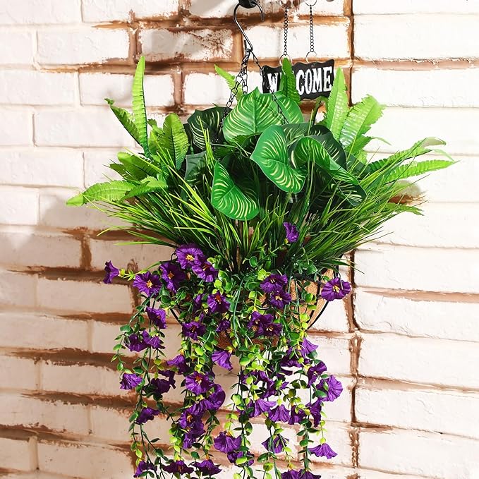 12 Pcs Artificial Greenery for Outdoor UV Resistant Fake Flowers and Greeneries Plastic Hanging Plants for Window Box Spring Summer Garden Patio Porch Yard Decoration(Classic Color)