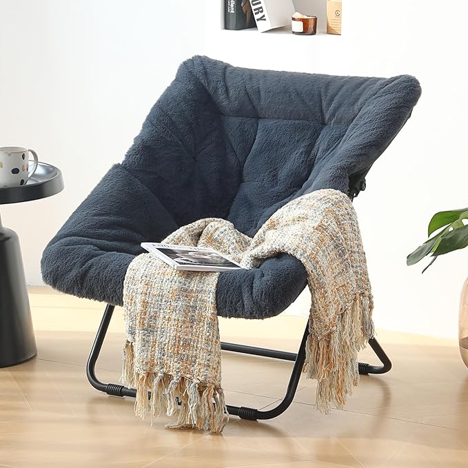 Saucer Chair, Comfy Doorm Chairs, Oversized Folding Faux Fur Chair, Foldable Metal Frame Chair, for Bedroom, Living Room, Balcony, Study, Playroom (Navy Blue)