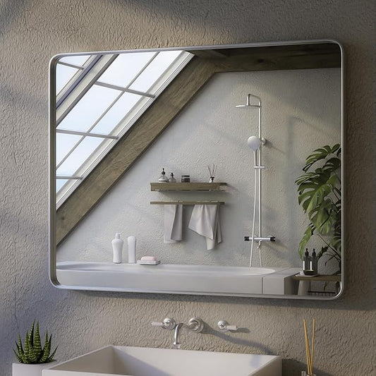 ISKM 36"x 30" Silver Bathroom Mirror for Wall, Bathroom Vanity Mirror Anti-Rust, Tempered Glass, Rounded Rectangle Mirror(Horizontal/Vertical)