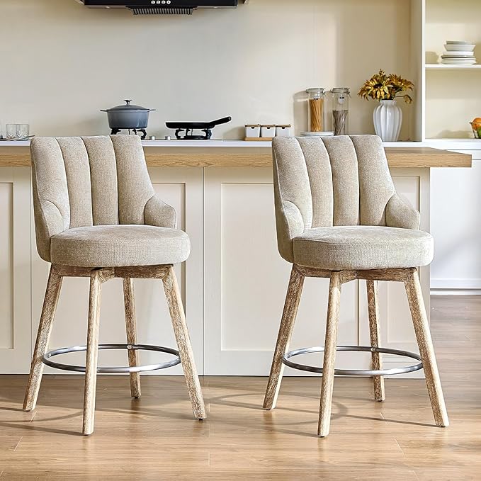 IWOOD Counter Height Bar Stools,Swivel Bar Stools with Backs,Barstools Set of 2,26'' Solid Wood Legs,Thick Seat Upholstered Linen Fabric Counter Height Stools in Sand