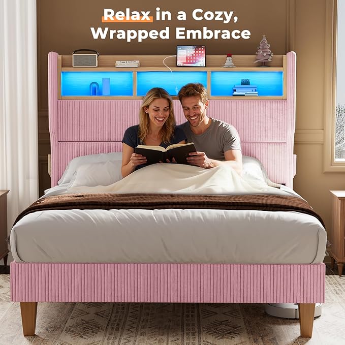Queen Size Bed Frame with 51" Tall Corduroy Wingback Headboard and Storage Shelf, Upholstered Platform Bed with LED Lights & Charging Station, No Box Spring Needed, Easy Assembly, Pink