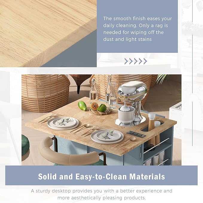 Merax Rubber Wood Kitchen Island with Adjustable Storage, Rolling Kitchen Storage Cart with Drop Leaf, Open Storage, Wine Rack, 5 Wheels for Home, Kitchen, Dining Room, Blue