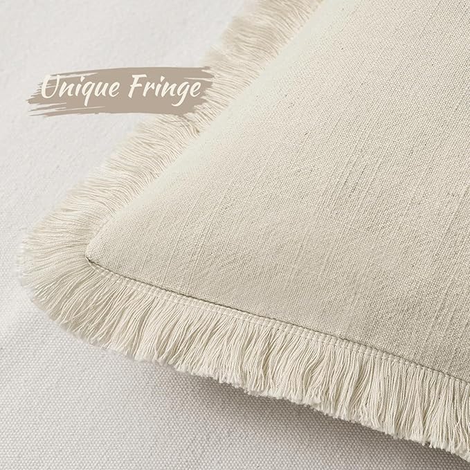 MIULEE Linen Pillow Covers 18x18 Inch Natural Beige Decorative Throw Pillows with Fringe Pack of 4 Soft Farmhouse Boho Couch Pillows Home Decors for Sofa Cushion Living Room Bed