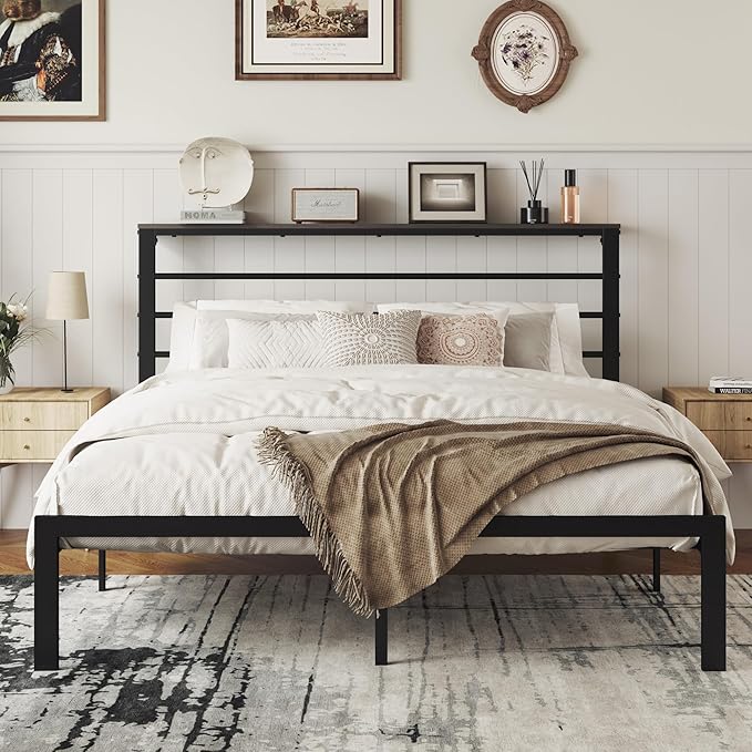 MUTICOR Queen Size Metal Platform Bed Frame with Shelf Headboard, No Box Spring Needed, Easy Assembly, Black Shelf