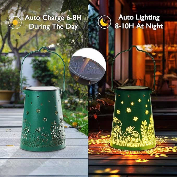 Homemory Solar Lanterns Rabbit Lights Outdoor Waterproof Garden Decor Women Gifts for Birthday, LED Hanging Solar Lights Metal Lantern Decoration Outside for Yard, Patio, Backyard, Porch, Lawn