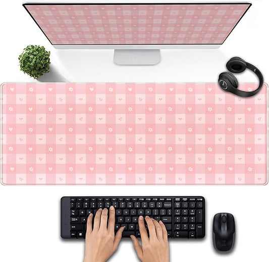 Pink Minimalist Gingham Floral Desk Mat Gaming Mouse Pad Large Cute Pastel Desk Pad Deskmat Kawaii, Women Office Desk Cover Mat, Laptop Computer Keyboard Mat Mousepad Desk Accessories 31.5"x11.8"