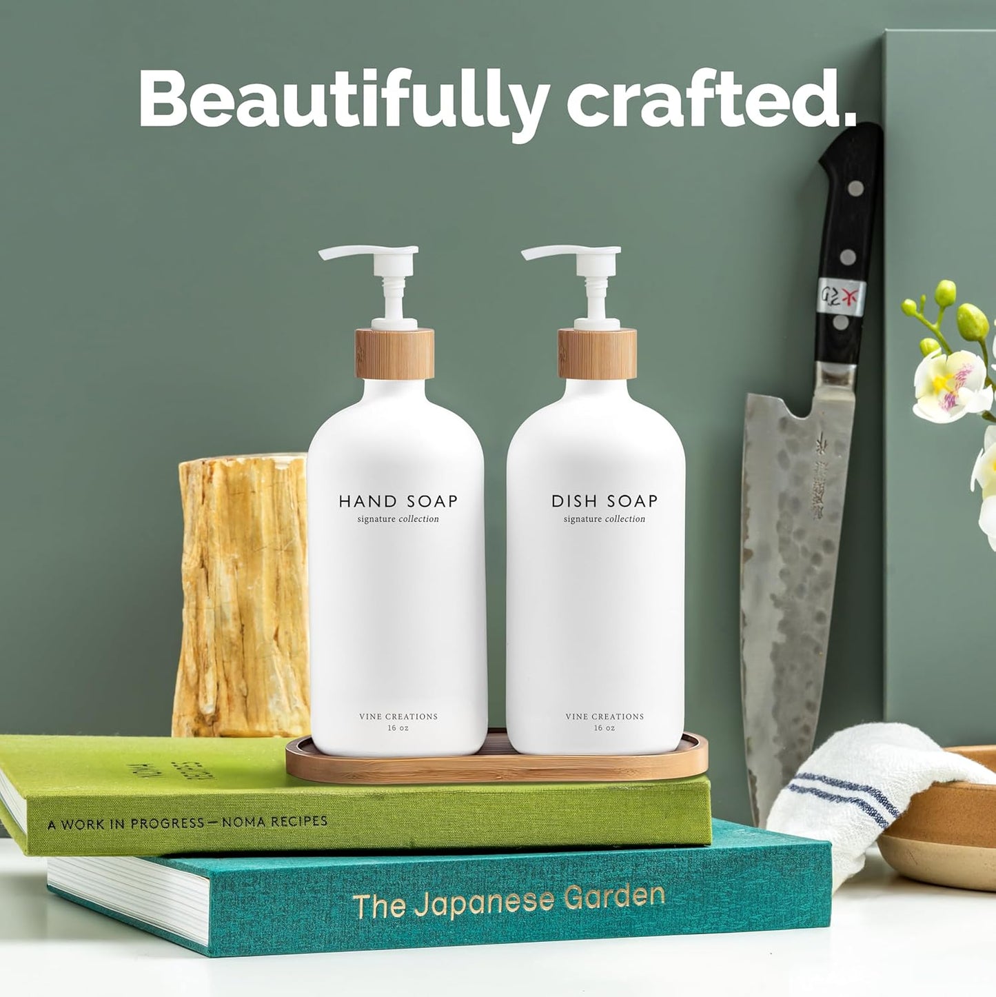 Vine Creations White Glass Soap Dispenser Set, Hand Soap and Dish Soap Dispenser Set with Bamboo Tray, 16 oz Glass Dispensers Bottle for Kitchen and Bathroom Decor Modern Boho with Bamboo Pump (White)