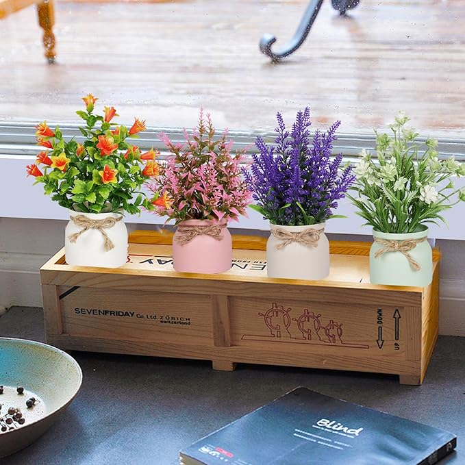 4pcs Artificial Pot Flowers Small Fake Plants with Pot Mini Potted Plants for House Office Tabletop Decoration