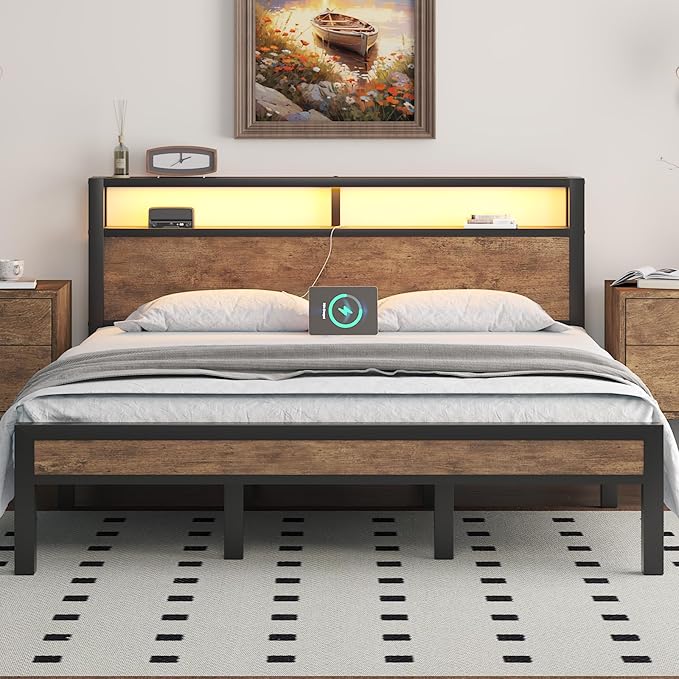 King Size Platform Bed with 2-Tier Storage Headboard, Metal Bed Frame with Charging Station & LED Light, Heavy Duty Metal Slats, No Box Spring Need, Noise Free, Rustic Brown