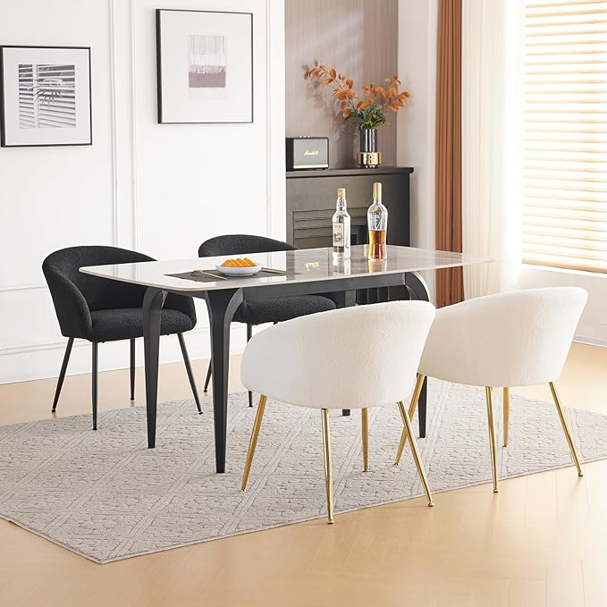 Modern Small Accent Chair, Comfy Sherpa Makeup Vanity Chair with Golden Metal Legs, Decorative Chair no Wheels for Living Room, Dressing Room, Bedroom, White