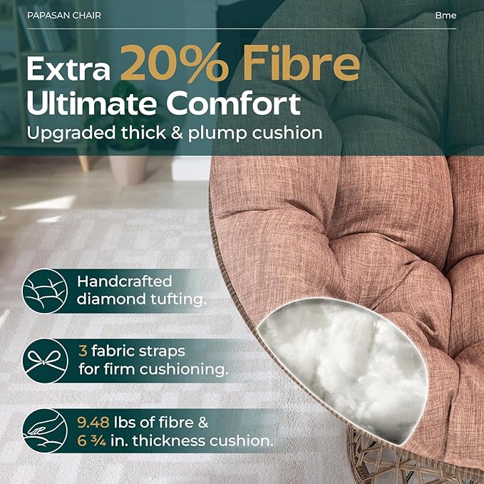 Bme 40" Ergonomic Wicker Papasan Chair with Soft Thick Cushion & Frame, 360° Swivel, Circle, Reading, Comfy Chair for Living Room, Bedroom
