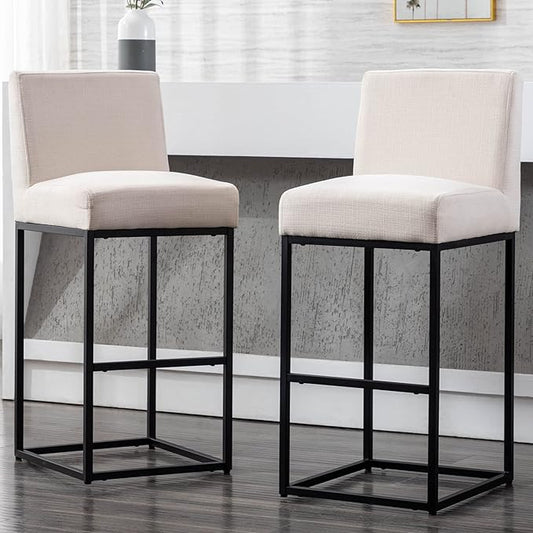 VESCASA Linen 31 inches Bar Height Bar Stools with Padded Back, Modern Upholstered Bar Stool Chairs with Black Metal Frame for Kitchen Island, Pub, Set of 2, Cream