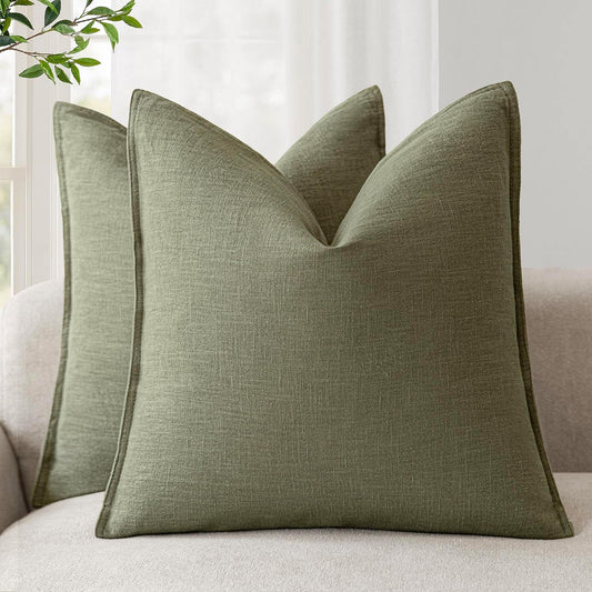 Foindtower Pack of 2, Decorative Linen Soild Throw Pillow Covers Soft Accent Cushion Case Farmhouse Neutral Pillowcase for Chair Couch Sofa Bedroom Living Room Home Decor 24x24 Inch Olive Branch Green