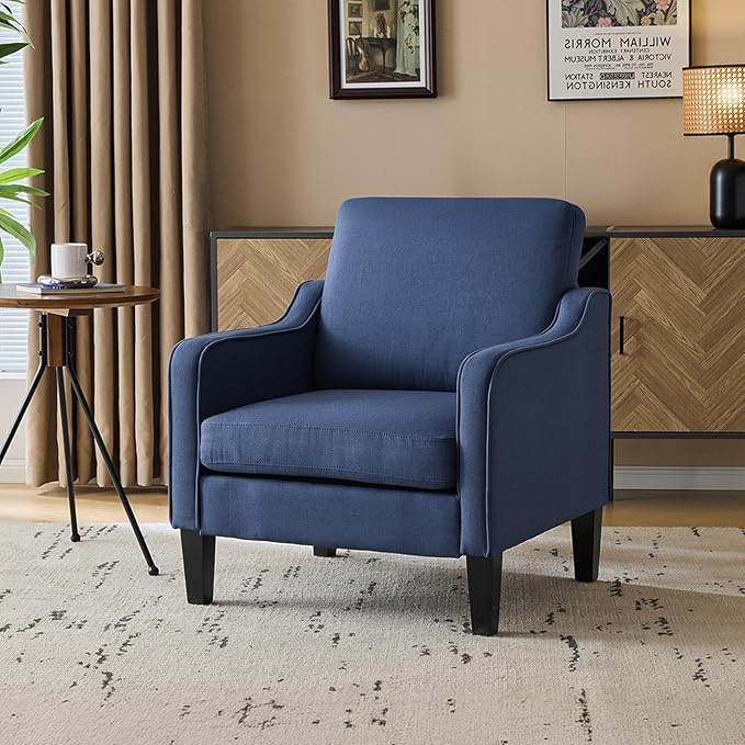VINGLI Mid Century Modern Accent Chair,Navy Blue Fabric for Living Room Upholstered Armchair with Scooped Arms for Bedroom,Apartment,Studio,Office,Waiting Room