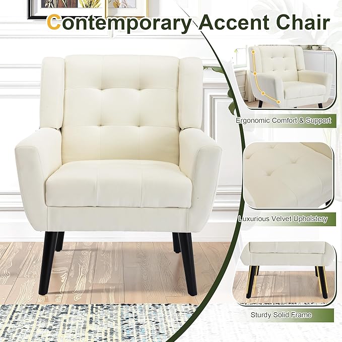 NicBex Accent Chair Set of 2, Modern Chair for Living Room Upholstered Foam Filled Living Room Chairs with Metal Legs Linen Cozy Lounge Armchair for Living Room Bedroom,White