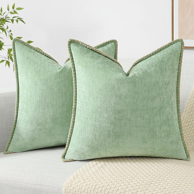 decorUhome Chenille Soft Throw Pillow Covers 16x16 Set of 2, Farmhouse Velvet Neutral Decorative Euro Pillow Covers with Stitched Edge for Couch Sofa Bed Home Decor, Sage Green