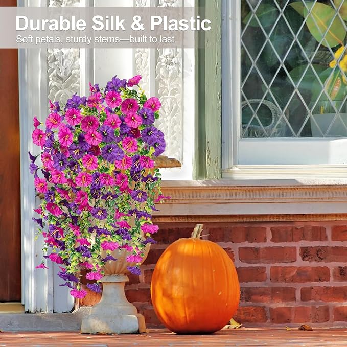 Artificial Flowers for Outdoors Decoration, 4Pcs Fake Hanging Flowers Morning Glory UV & Fading Resistant, Artificial Faux Plants Deocr for Home Porch Patio Balcony Planter Yard Garden Farmhouse