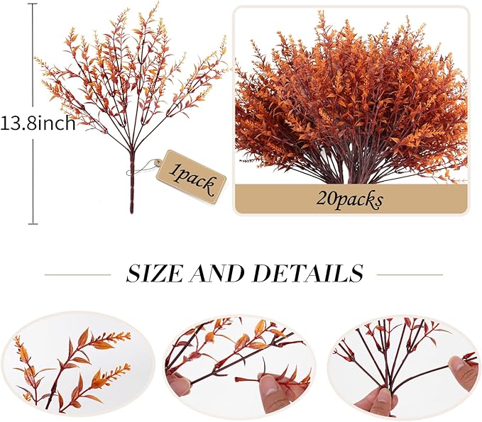 RECUTMS Faux Greenery Fake Lavender Fall Plants 20Pcs Fade Resistant Outdoor Flowers Faux Autumn Plants Fake Flowers Bulk Artificial Greenery for Porch Office Bathroom Fall Party Decorations (Brown)