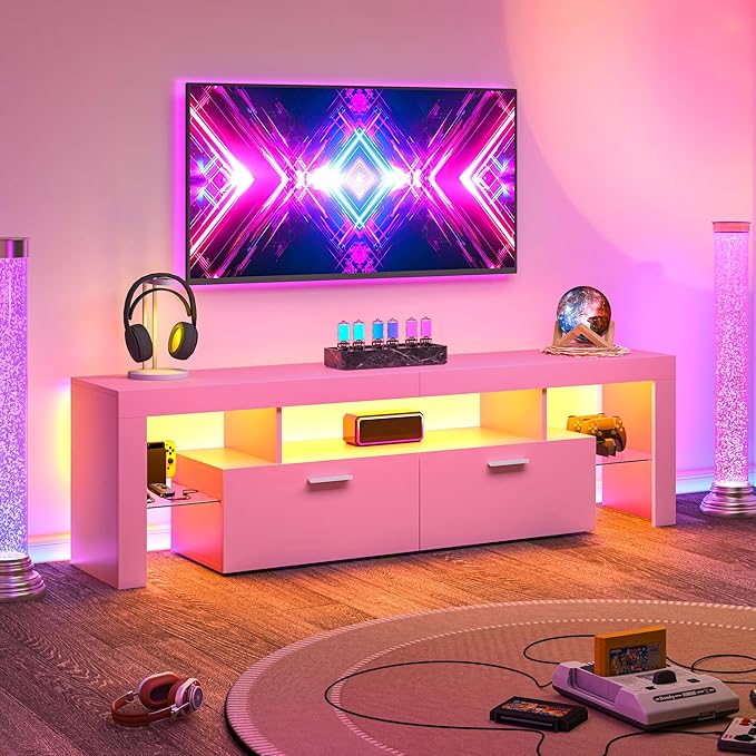 Clikuutory Modern Lighting 63 inch TV Stand with Large Storage Drawer for 50 55 60 65 70 75 Inch TVs, TV Console with 20 Color LED Lights, Entertainment Center Media and Open Shelf for Bedroom, Pink