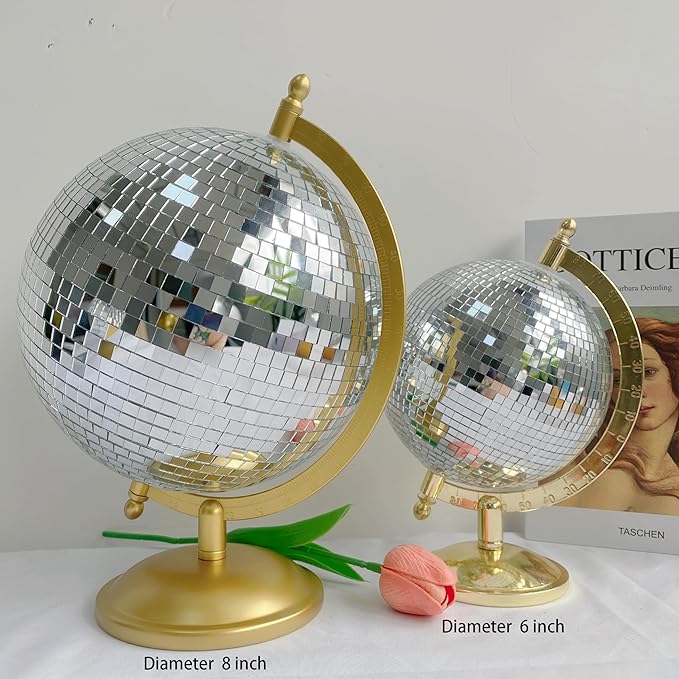 Disco Ball Globe Home Decor Statues Classic Tabletop Art Sculpture with Metal Base Discoball Unique Western Modern Decorative Aesthetic Sculptures, 8.5" x 8" x 12", Bright Gold