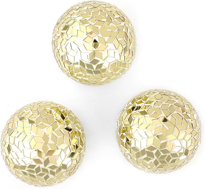 Alpha Living Home 3.5" Glass Mosaic Elegant Antique Gold Metal Sphere Set of 3 - Chic Centerpieces, Farmhouse & Art Deco Home Accents, Vintage Modern Table Decor, Indoor/Outdoor Ornament (Gold)