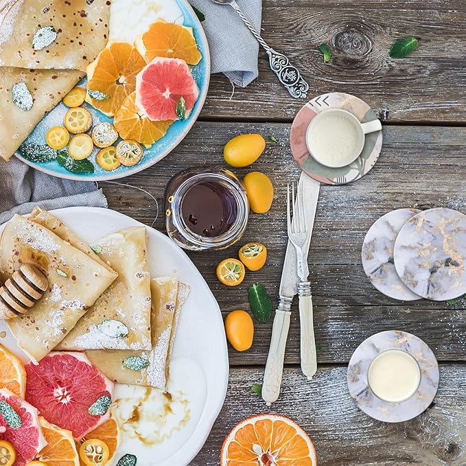 DOOKE Drink Coasters Set of 6, Round Absorbent Ceramic Stone Coasters with Cork Base, Funny Drink Coasters with Holder for Cold Drinks Wine Mugs and Cups, 4 Inch, Marble