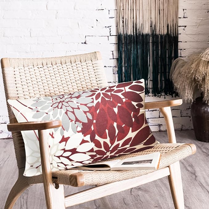 Wine Red Decorative Throw Pillow Covers 12x20 Inch Pillow Covers for Couch Living Room Bedroom Outdoor.Modern Sofa Throw Pillow Cover.Farmhouse Geometric Floral Linen Square Pillow Case.Set of 2