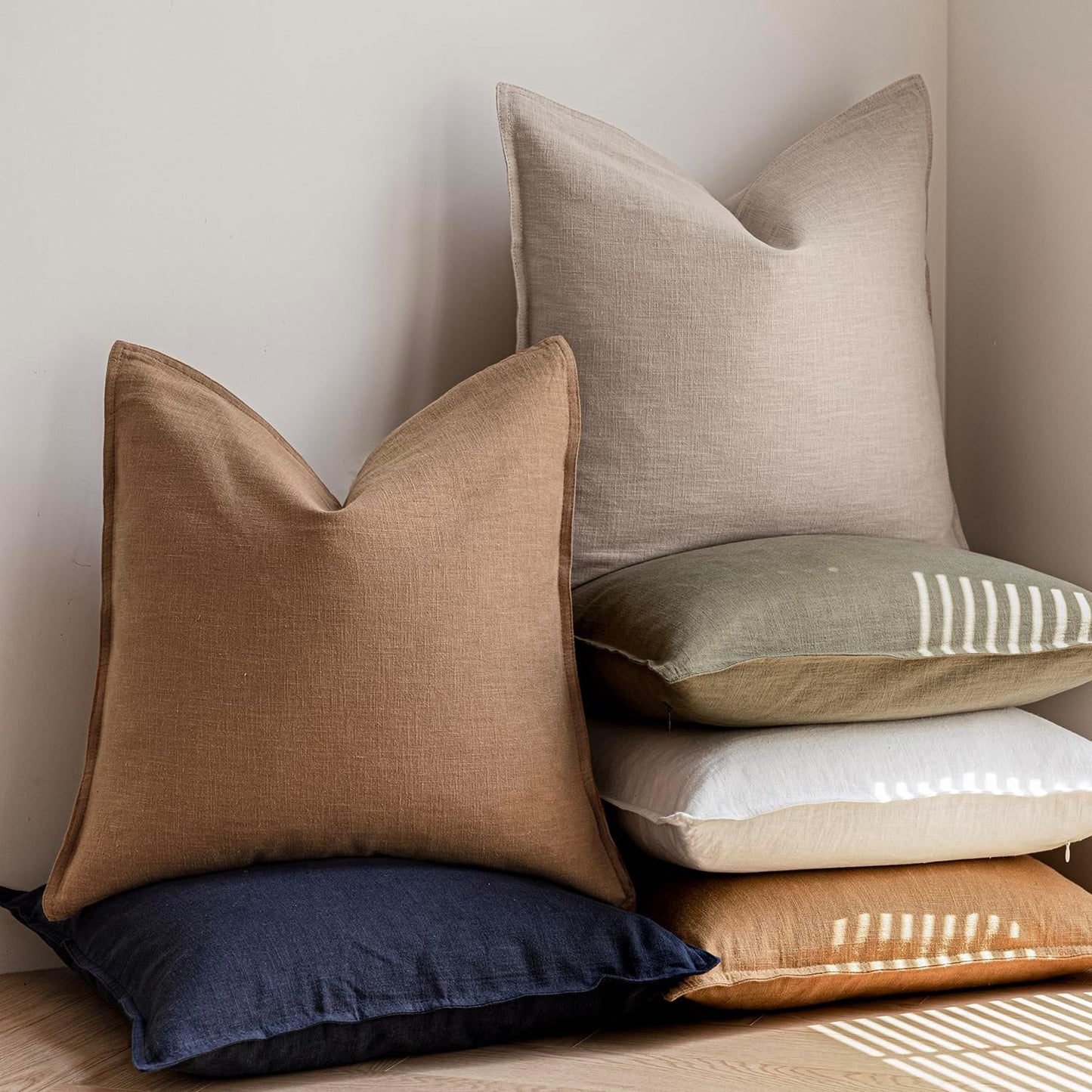 Foindtower Pack of 2, Decorative Linen Soild Throw Pillow Covers Soft Accent Cushion Case Boho Farmhouse Pillowcase for Chair Couch Sofa Bedroom Living Room Home Decor 18 x 18 Inch Light Khaki Brown