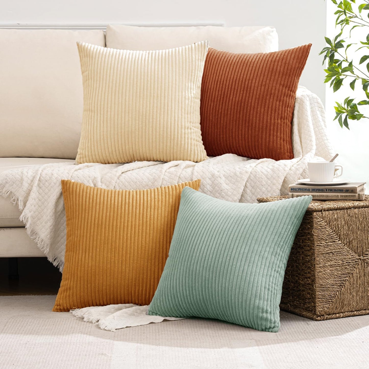 MIULEE Boho Farmhouse Throw Pillow Covers 18x18 Inch Set of 4 Summer Modern Natural Decorative Cushion Covers Soft Corduroy Home Decor for Spring Couch Bed Sofa Living Room Teal-Rust Gradient Series